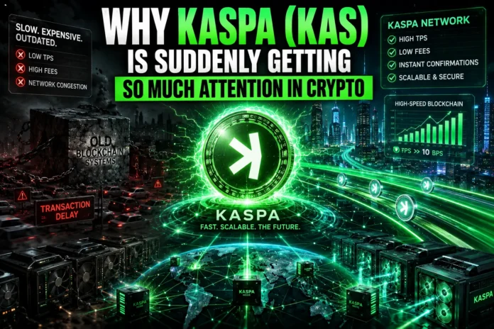 High-tech illustration featuring Kaspa mining, scalable blockchain technology, lightning-fast transfers, and futuristic crypto networks.