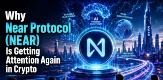 futuristic illustration showing Near Protocol’s growing role in AI, scalable blockchain infrastructure, and the future of Web3.