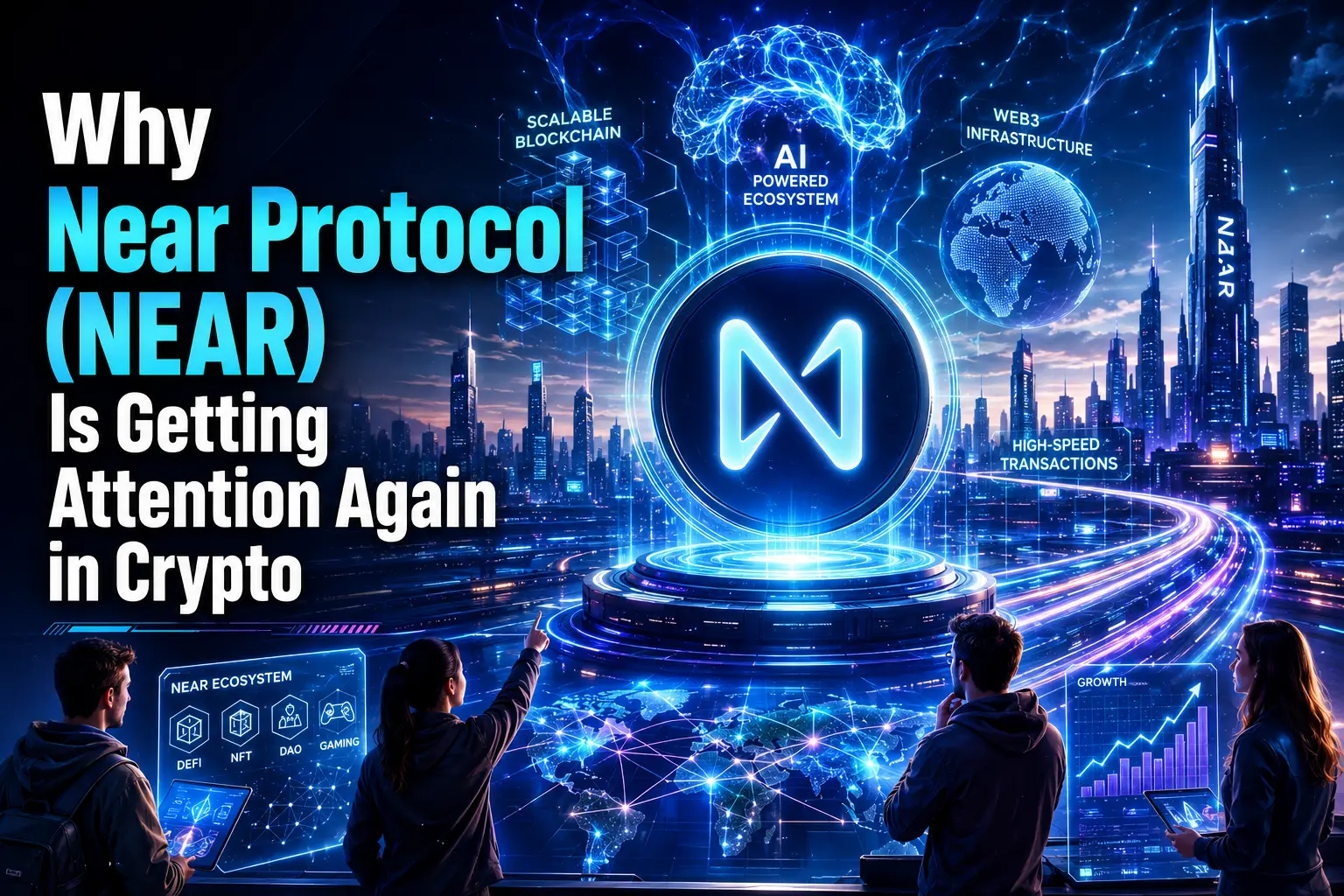 Why Near Protocol (NEAR) Is Getting Attention Again in Crypto futuristic illustration showing Near Protocol’s growing role in AI, scalable blockchain infrastructure, and the future of Web3.
