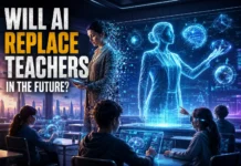Futuristic classroom with AI teachers, holographic lessons, and students learning through advanced digital technology.