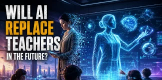 Futuristic classroom with AI teachers, holographic lessons, and students learning through advanced digital technology.
