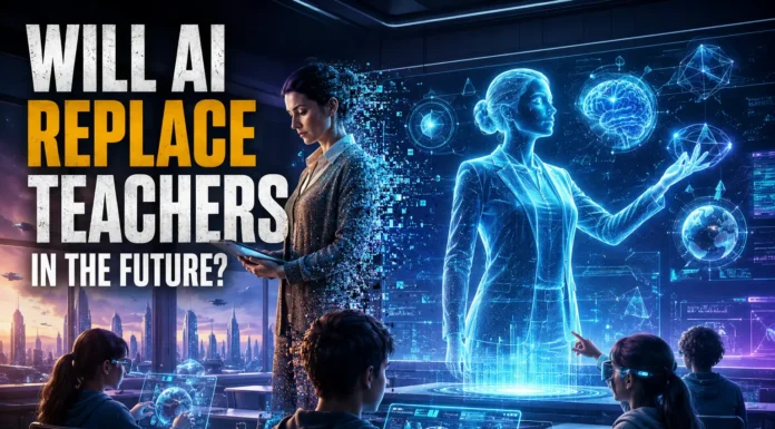 Futuristic classroom with AI teachers, holographic lessons, and students learning through advanced digital technology.