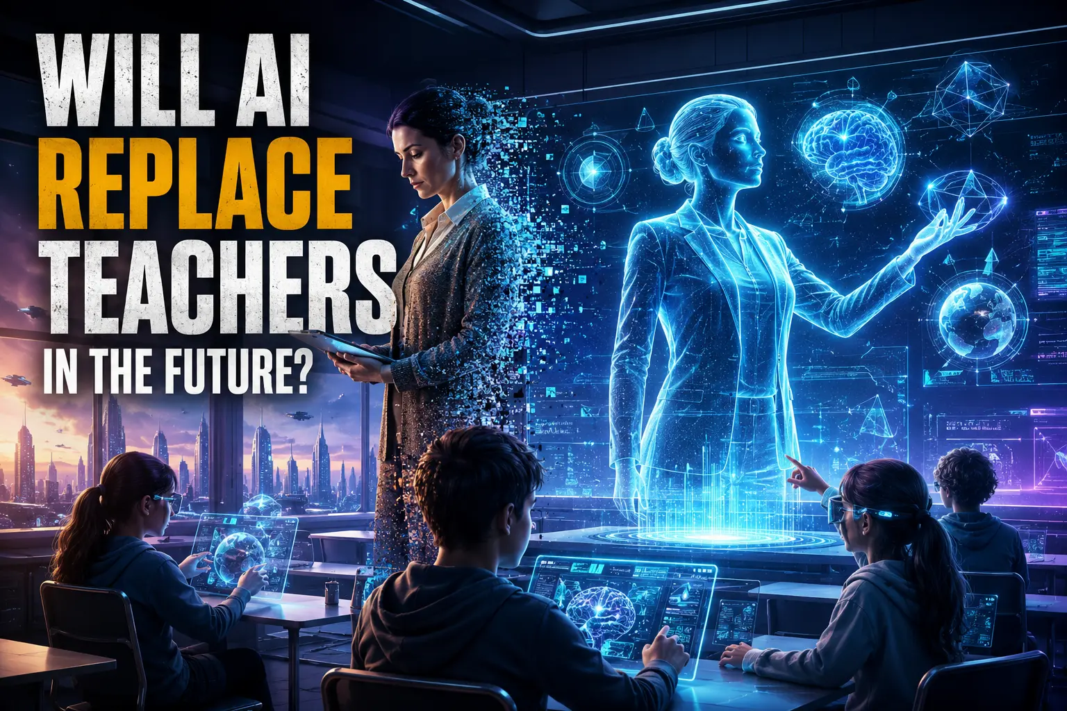 Will AI Replace Teachers in the Future? Futuristic classroom with AI teachers, holographic lessons, and students learning through advanced digital technology.