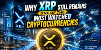 Illustration of XRP with glowing digital payment networks and futuristic crypto visuals.