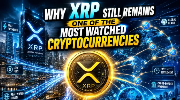 Illustration of XRP with glowing digital payment networks and futuristic crypto visuals.