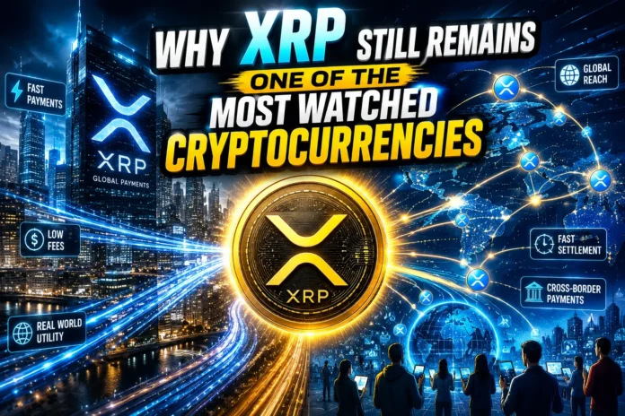 Illustration of XRP with glowing digital payment networks and futuristic crypto visuals.