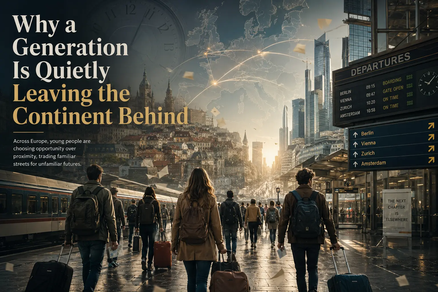 Why Young People Are Leaving Europe An image showing young people leaving Europe with luggage, representing brain drain, migration pressure, and economic inequality across European countries.