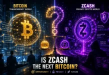 A visual showing Zcash (ZEC) bridging Bitcoin and privacy blockchain systems, connected through glowing cryptographic networks.