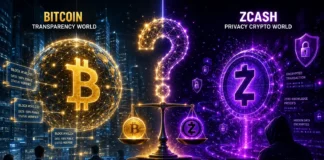 A visual showing Zcash (ZEC) bridging Bitcoin and privacy blockchain systems, connected through glowing cryptographic networks.