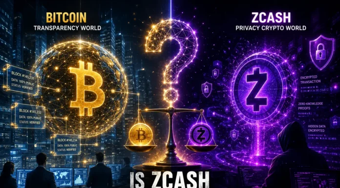 A visual showing Zcash (ZEC) bridging Bitcoin and privacy blockchain systems, connected through glowing cryptographic networks.
