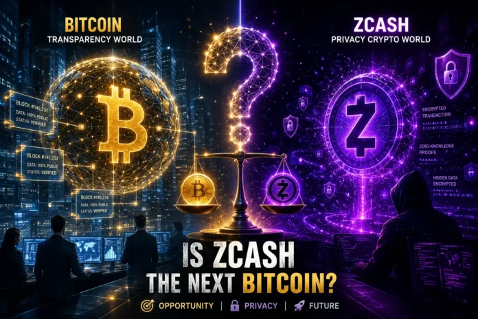 A visual showing Zcash (ZEC) bridging Bitcoin and privacy blockchain systems, connected through glowing cryptographic networks.