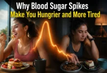 Why Blood Sugar Spikes Make You Hungrier and More Tired A person experiencing energy crashes and Hunger after eating reveals blood sugar volatility and metabolic stress.
