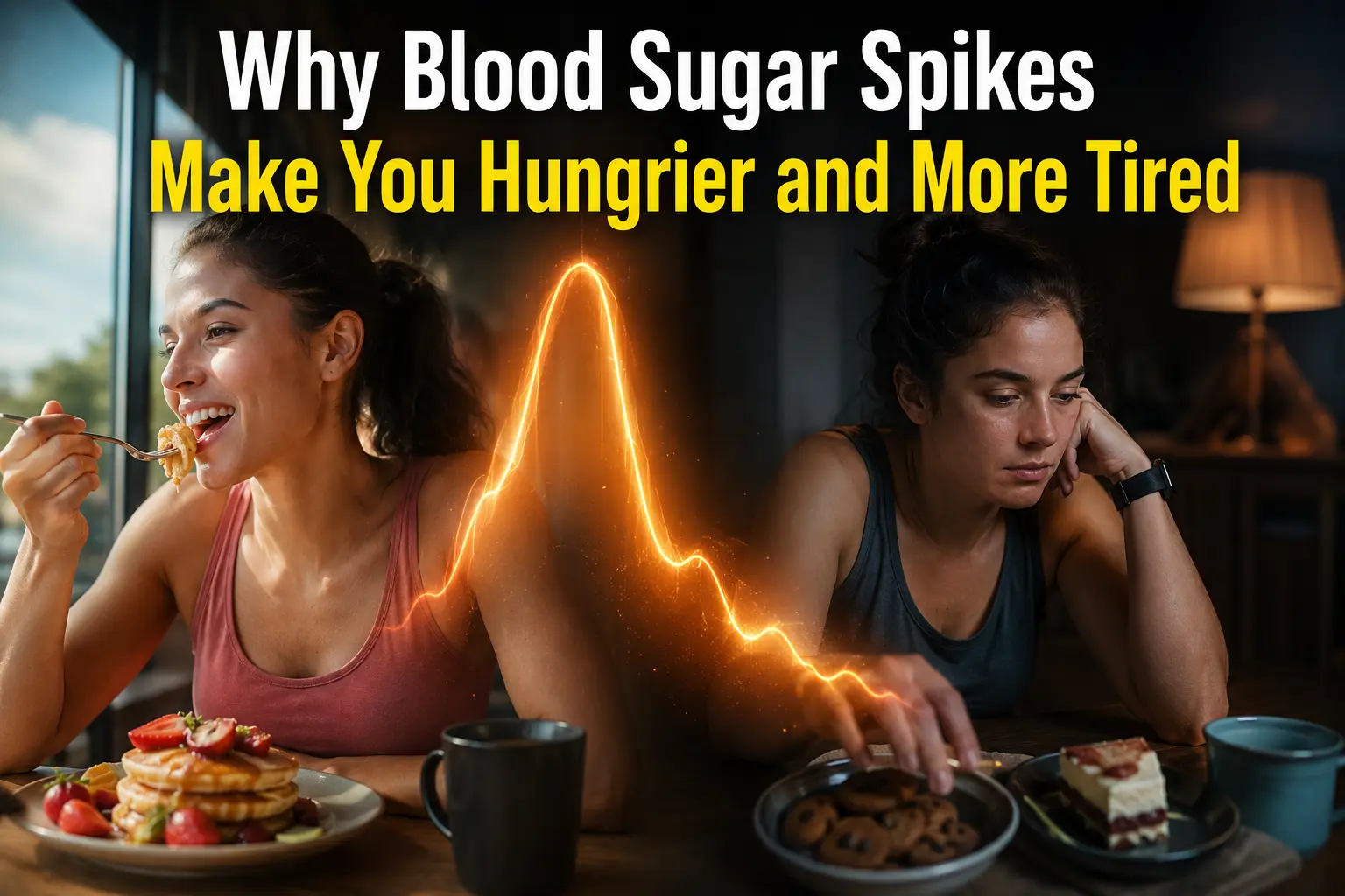 Why Blood Sugar Spikes Make You Hungrier and More Tired A person experiencing energy crashes and Hunger after eating reveals blood sugar volatility and metabolic stress.