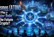 A futuristic illustration of Cosmos (ATOM) linking multiple blockchain networks via advanced interoperability technology and decentralized Web3 infrastructure.