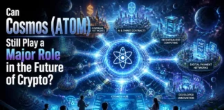 A futuristic illustration of Cosmos (ATOM) linking multiple blockchain networks via advanced interoperability technology and decentralized Web3 infrastructure.