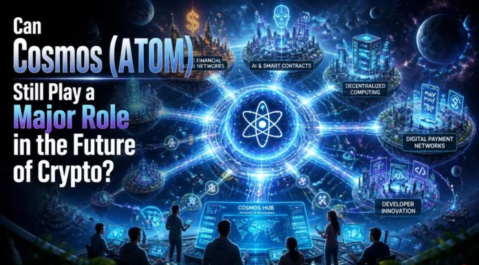 A futuristic illustration of Cosmos (ATOM) linking multiple blockchain networks via advanced interoperability technology and decentralized Web3 infrastructure.