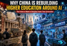 Chinese university campus transforming into an AI-driven learning ecosystem—students, robotics, and intelligent systems redefining higher education.