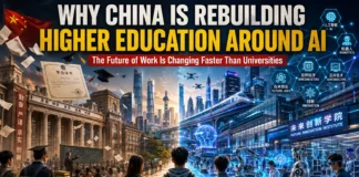 Chinese university campus transforming into an AI-driven learning ecosystem—students, robotics, and intelligent systems redefining higher education.