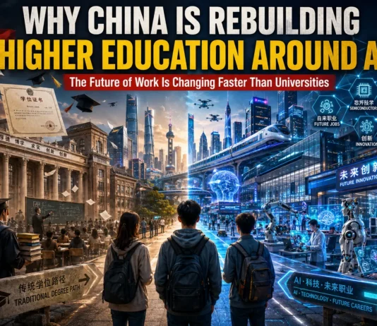 Chinese university campus transforming into an AI-driven learning ecosystem—students, robotics, and intelligent systems redefining higher education.