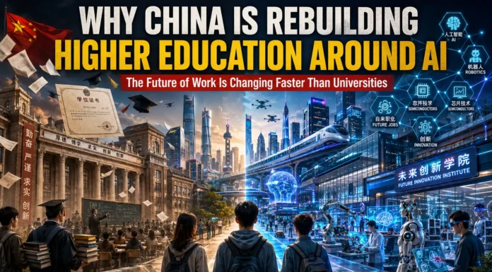 Chinese university campus transforming into an AI-driven learning ecosystem—students, robotics, and intelligent systems redefining higher education.