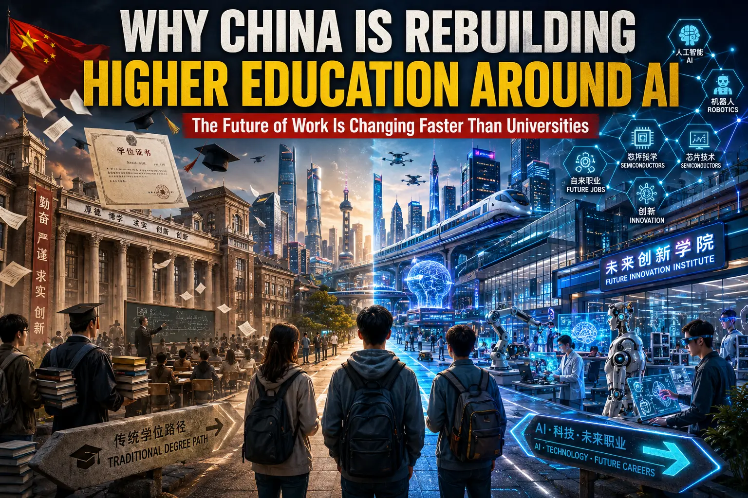 Why China Is Rebuilding Higher Education Around AI Chinese university campus transforming into an AI-driven learning ecosystemāstudents, robotics, and intelligent systems redefining higher education.