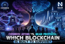 Side-by-side illustration: Cosmos and Near Protocol on interoperability, scalability, Web3 infrastructure, developer growth, and long-term positioning.