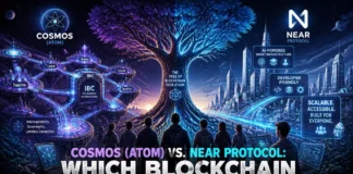 Side-by-side illustration: Cosmos and Near Protocol on interoperability, scalability, Web3 infrastructure, developer growth, and long-term positioning.