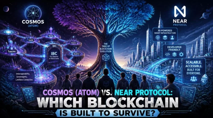 Side-by-side illustration: Cosmos and Near Protocol on interoperability, scalability, Web3 infrastructure, developer growth, and long-term positioning.