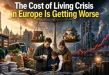 A European family standing in a city square surrounded by rising housing costs, energy bills, grocery expenses, and economic uncertainty, symbolizing Europe's growing cost-of-living crisis.