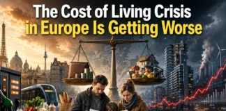 A European family standing in a city square surrounded by rising housing costs, energy bills, grocery expenses, and economic uncertainty, symbolizing Europe's growing cost-of-living crisis.