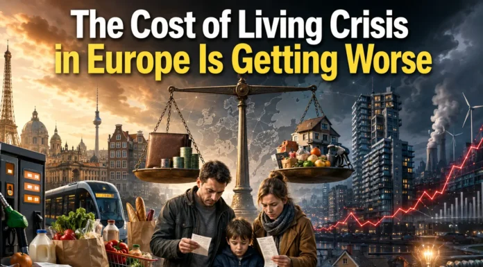 A European family standing in a city square surrounded by rising housing costs, energy bills, grocery expenses, and economic uncertainty, symbolizing Europe's growing cost-of-living crisis.