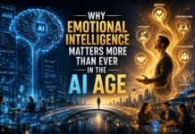 Why Emotional Intelligence Matters More Than Ever in the AI Age Human silhouette glowing with emotional intelligence symbols standing opposite a futuristic artificial intelligence network, representing the growing importance of human skills in the AI age.