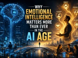 Human silhouette glowing with emotional intelligence symbols standing opposite a futuristic artificial intelligence network, representing the growing importance of human skills in the AI age.