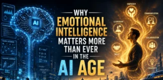 Human silhouette glowing with emotional intelligence symbols standing opposite a futuristic artificial intelligence network, representing the growing importance of human skills in the AI age.
