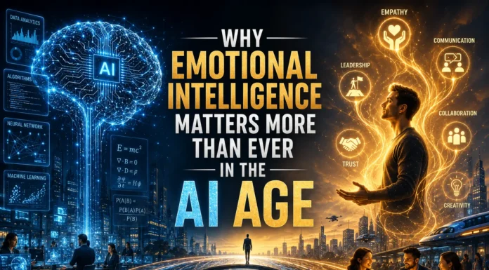 Human silhouette glowing with emotional intelligence symbols standing opposite a futuristic artificial intelligence network, representing the growing importance of human skills in the AI age.
