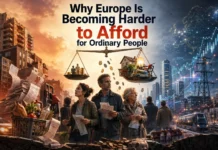 Why Europe Is Becoming Harder to Afford for Ordinary People A scene showing European citizens facing rising costs of housing, energy, and food, symbolizing the growing affordability crisis affecting ordinary people across Europe.