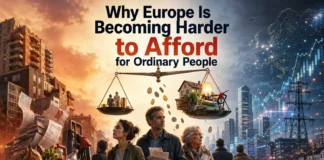 A scene showing European citizens facing rising costs of housing, energy, and food, symbolizing the growing affordability crisis affecting ordinary people across Europe.