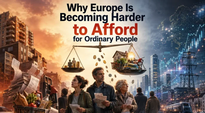 A scene showing European citizens facing rising costs of housing, energy, and food, symbolizing the growing affordability crisis affecting ordinary people across Europe.