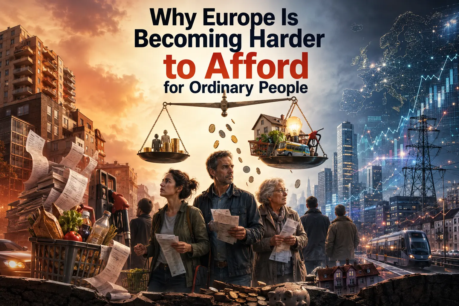 Why Europe Is Becoming Harder to Afford for Ordinary People A scene showing European citizens facing rising costs of housing, energy, and food, symbolizing the growing affordability crisis affecting ordinary people across Europe.