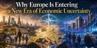 Europe's new economic reality: a visual of housing pressures, rising costs, aging demographics, migration, and structural transformation.