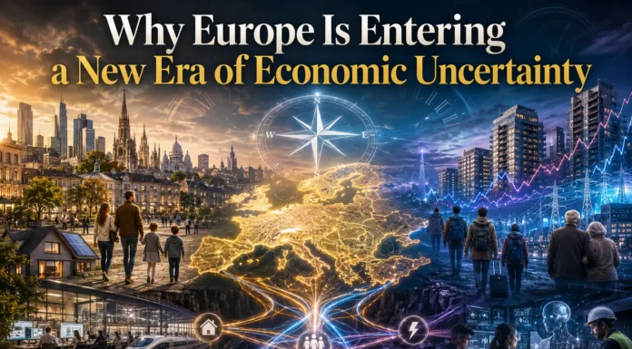 Europe's new economic reality: a visual of housing pressures, rising costs, aging demographics, migration, and structural transformation.