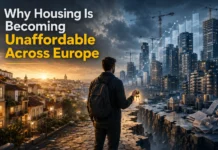 A young adult framed between dense apartment towers and distant homes reflects a widening housing divide in Europe, where property prices increasingly outpace incomes.