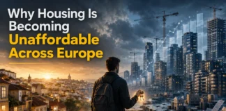 A young adult framed between dense apartment towers and distant homes reflects a widening housing divide in Europe, where property prices increasingly outpace incomes.