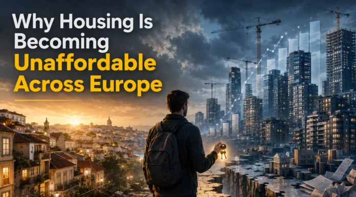 A young adult framed between dense apartment towers and distant homes reflects a widening housing divide in Europe, where property prices increasingly outpace incomes.