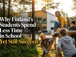 Finnish students playing outside during recess at a Finnish school with shorter classroom hours