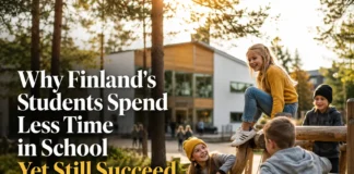Finnish students playing outside during recess at a Finnish school with shorter classroom hours