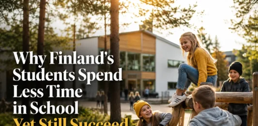 Finnish students playing outside during recess at a Finnish school with shorter classroom hours