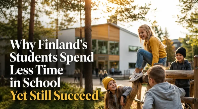 Finnish students playing outside during recess at a Finnish school with shorter classroom hours