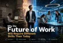 A futuristic workplace showing humans and AI technology collaborating as workers develop future skills.