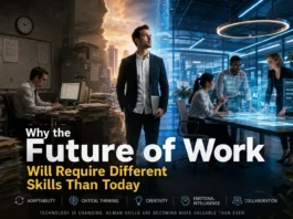 A futuristic workplace showing humans and AI technology collaborating as workers develop future skills.